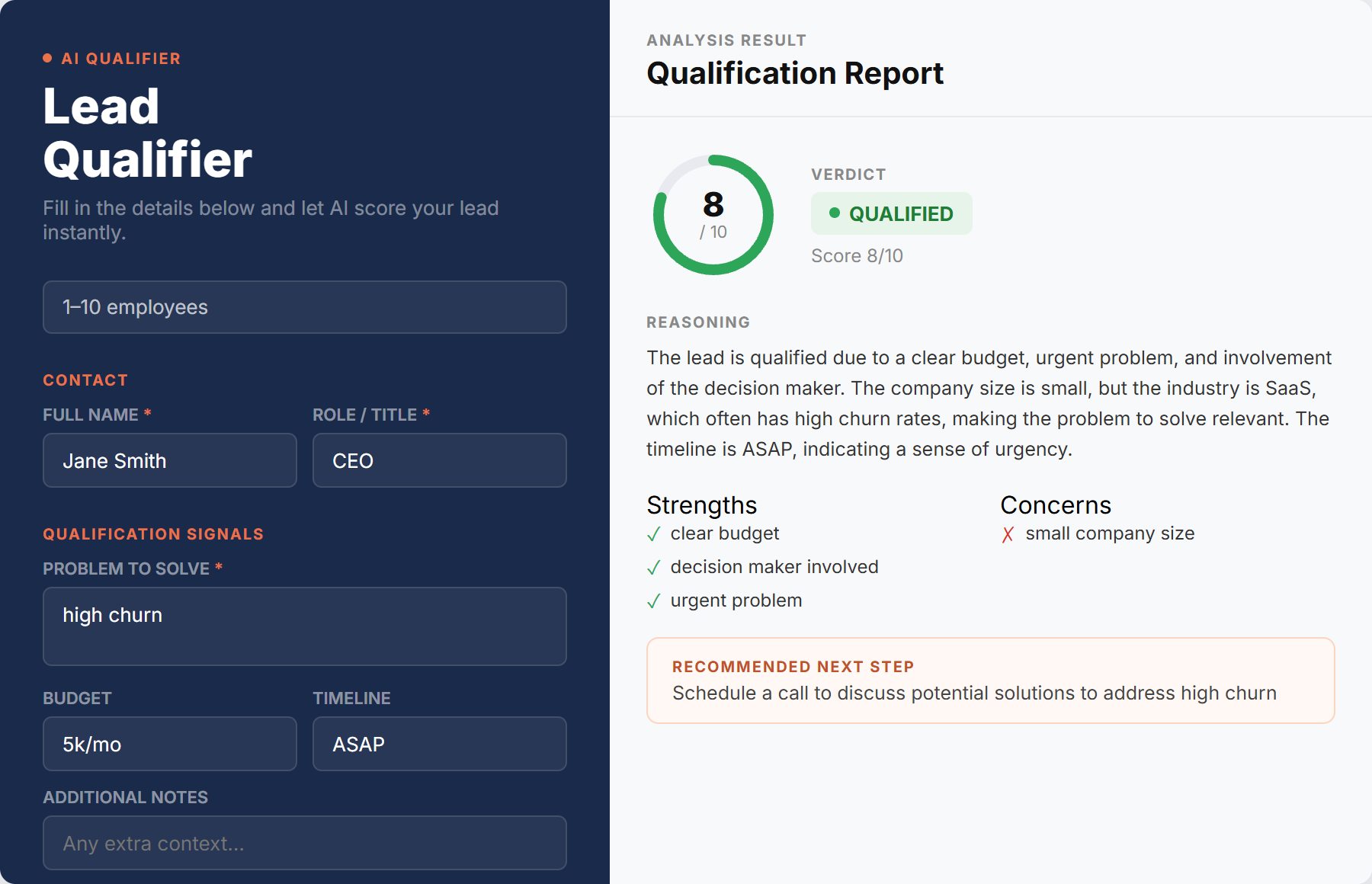 Lead qualifier app - form and AI scoring panel